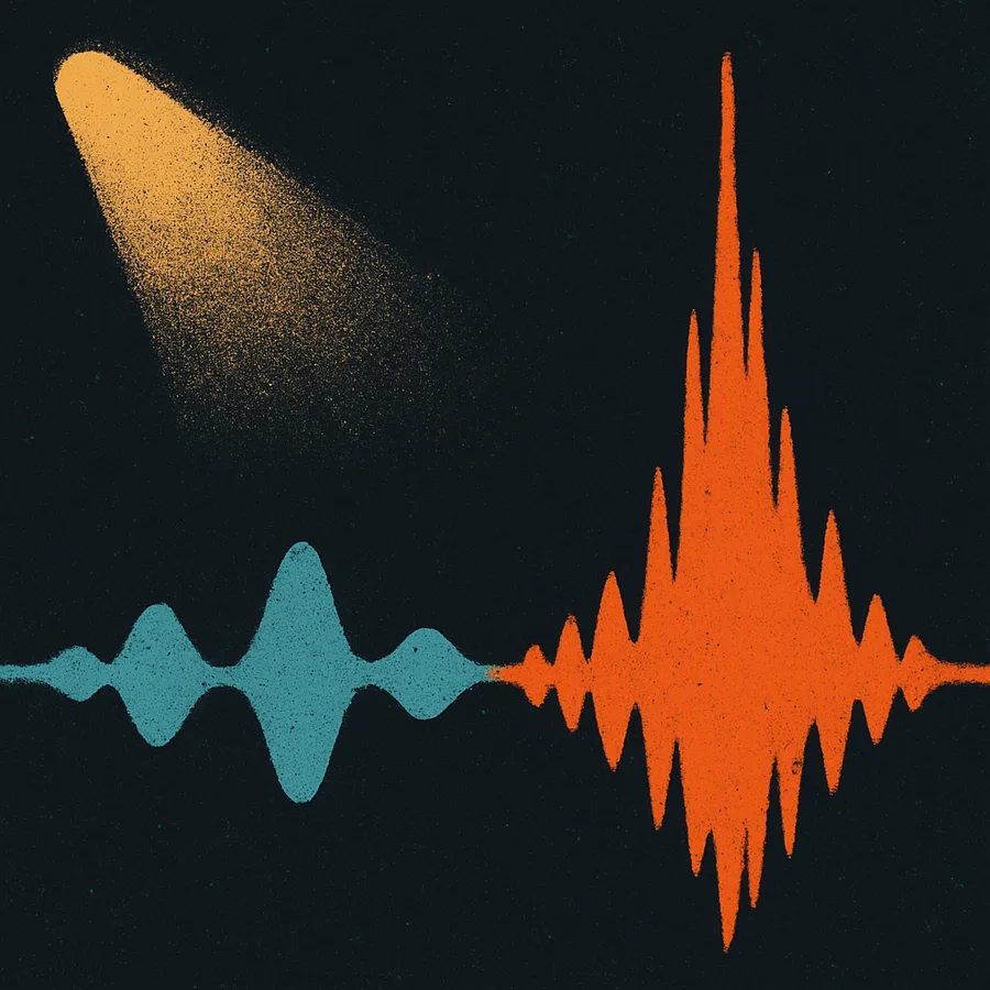 Waveform showing a quiet section followed by a sudden loud spike.