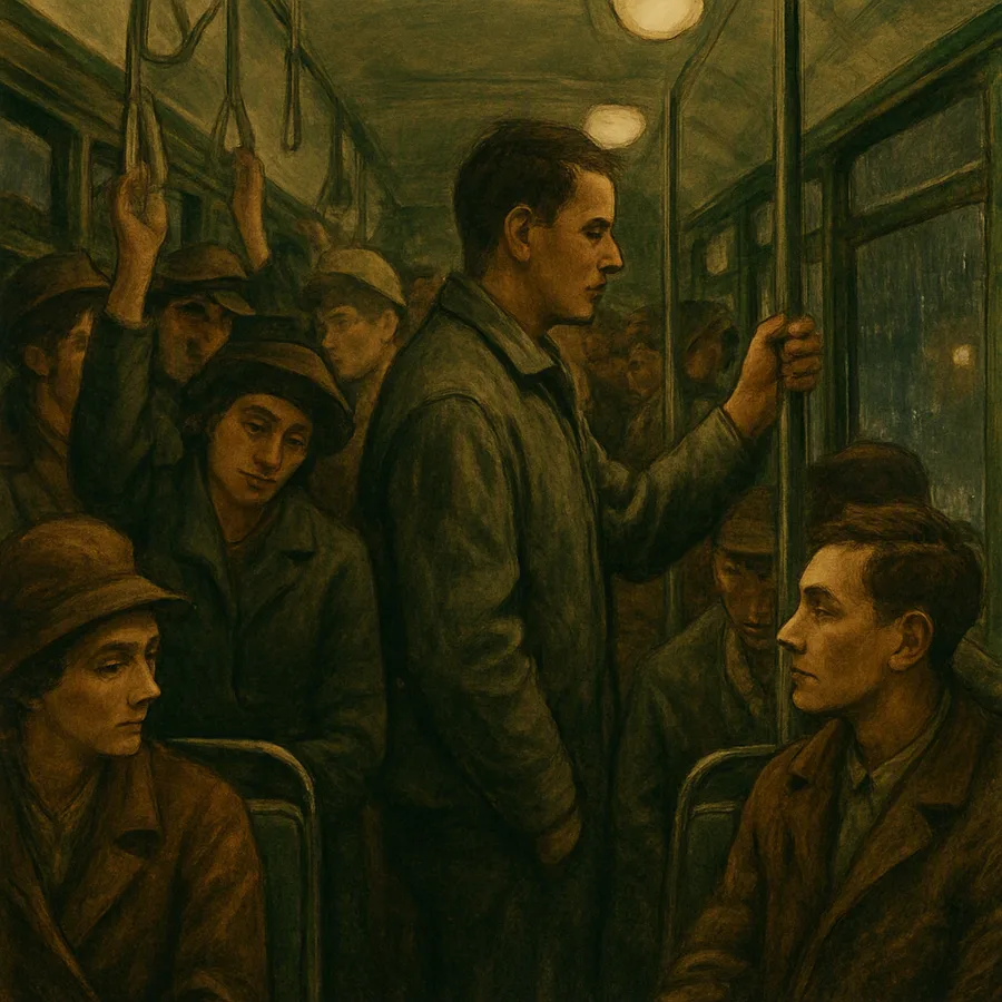 Passengers packed in a night bus aisle, one rider silently watching a man in a gray jacket by the door.