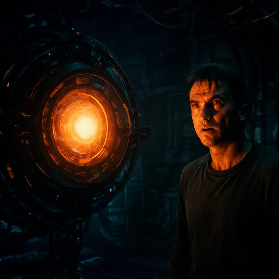 Dr. Weir gazing at the glowing gravity drive, a large mechanical sphere in a dark engine room.