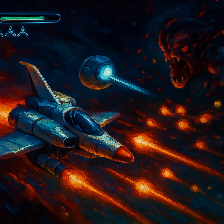 Gameplay close-up of a starfighter with a detached Force orb attacking enemies in R-Type Delta
