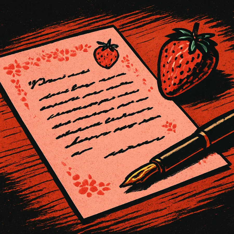 Uma carta com cheiro de morango em papel rosa, com um morango e uma caneta sobre uma mesa.