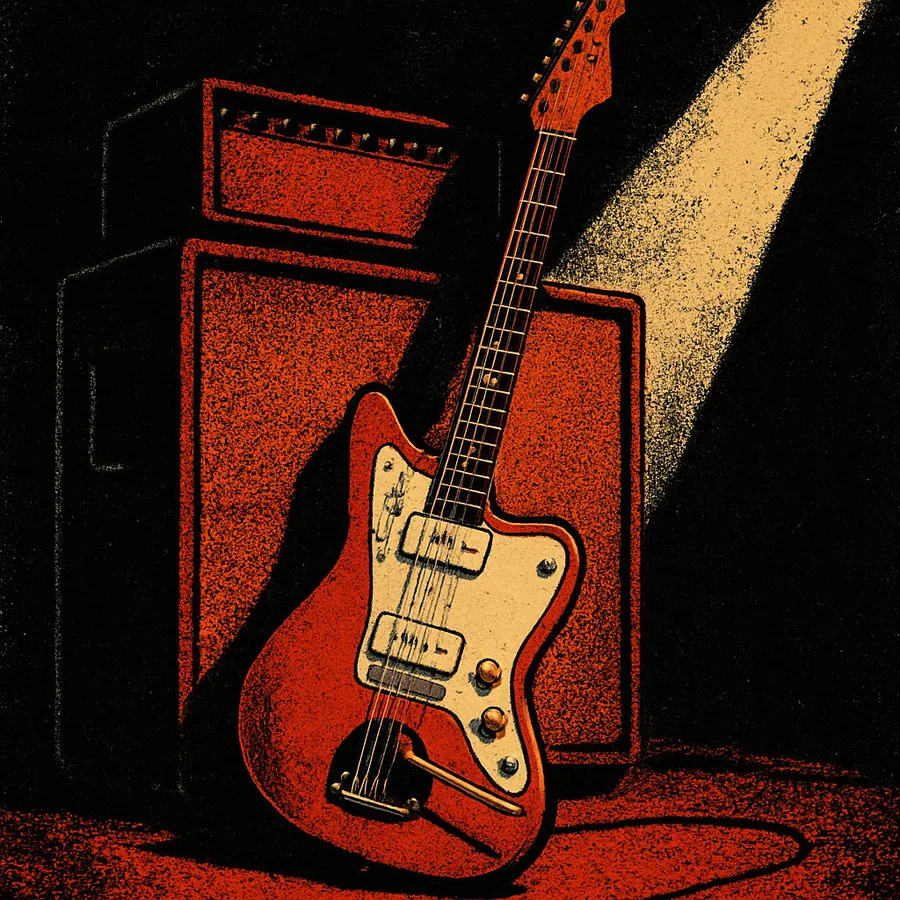 A Fender Jazzmaster guitar leaning against a stack of amplifiers