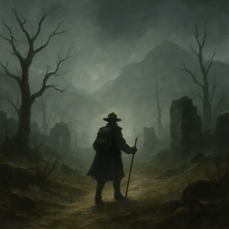 A fog-covered ruined valley with a lone low-polygon traveler, painted in the style of a late 1990s PlayStation RPG background.