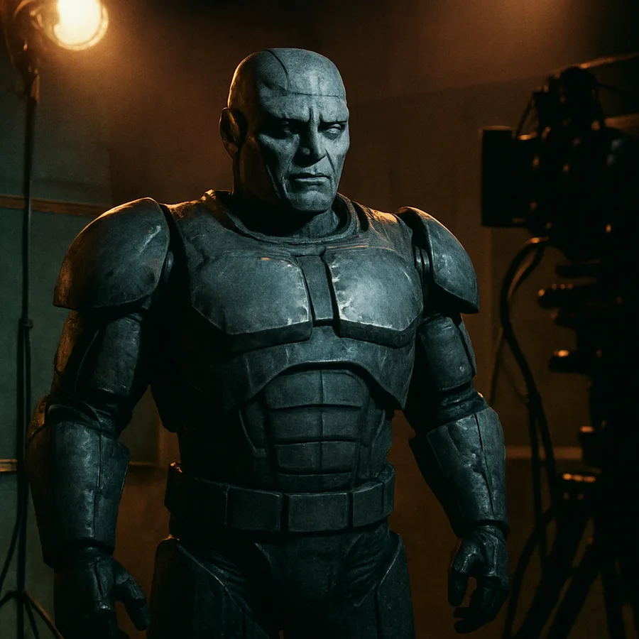 Actor in heavy prosthetic makeup playing a humanoid robot teacher on a film soundstage