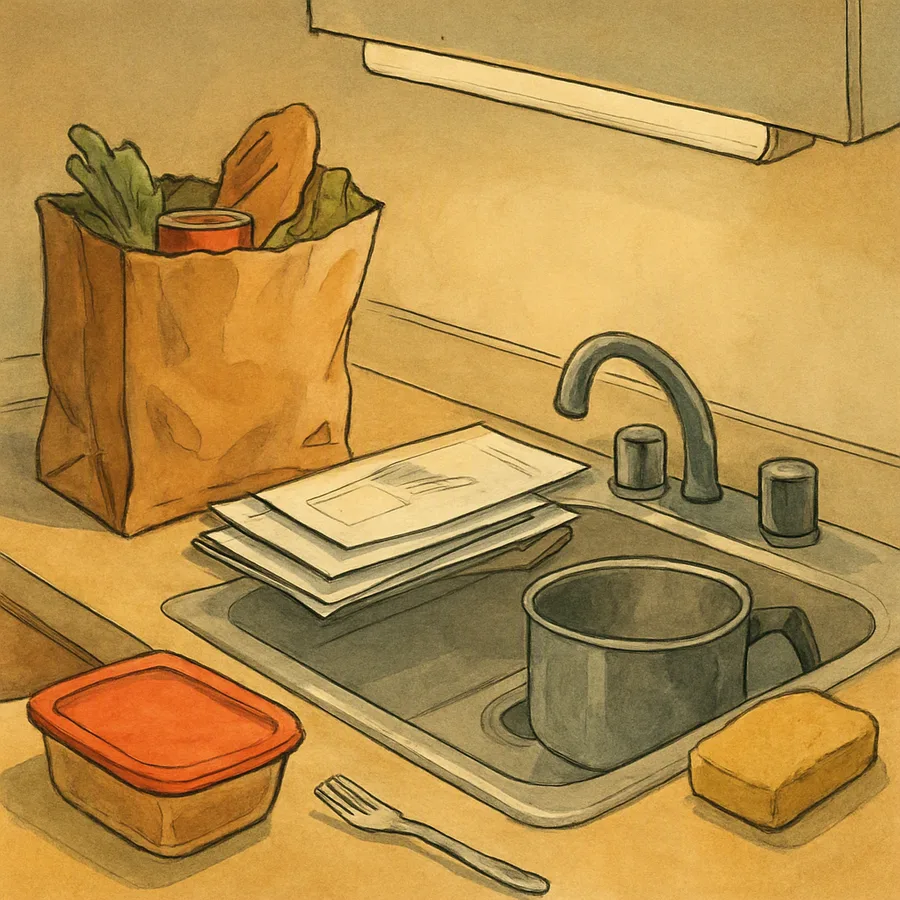 A kitchen counter holding groceries, bills, a sink with a pot, and a container of food with a fork