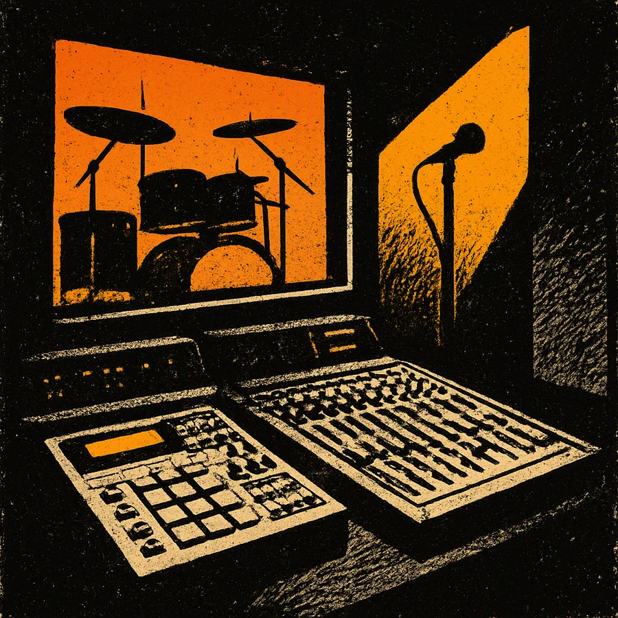 Sala de controle de estúdio de gravação dos anos 1990 com um sampler, mesa de mixagem e microfone de cabine vocal
