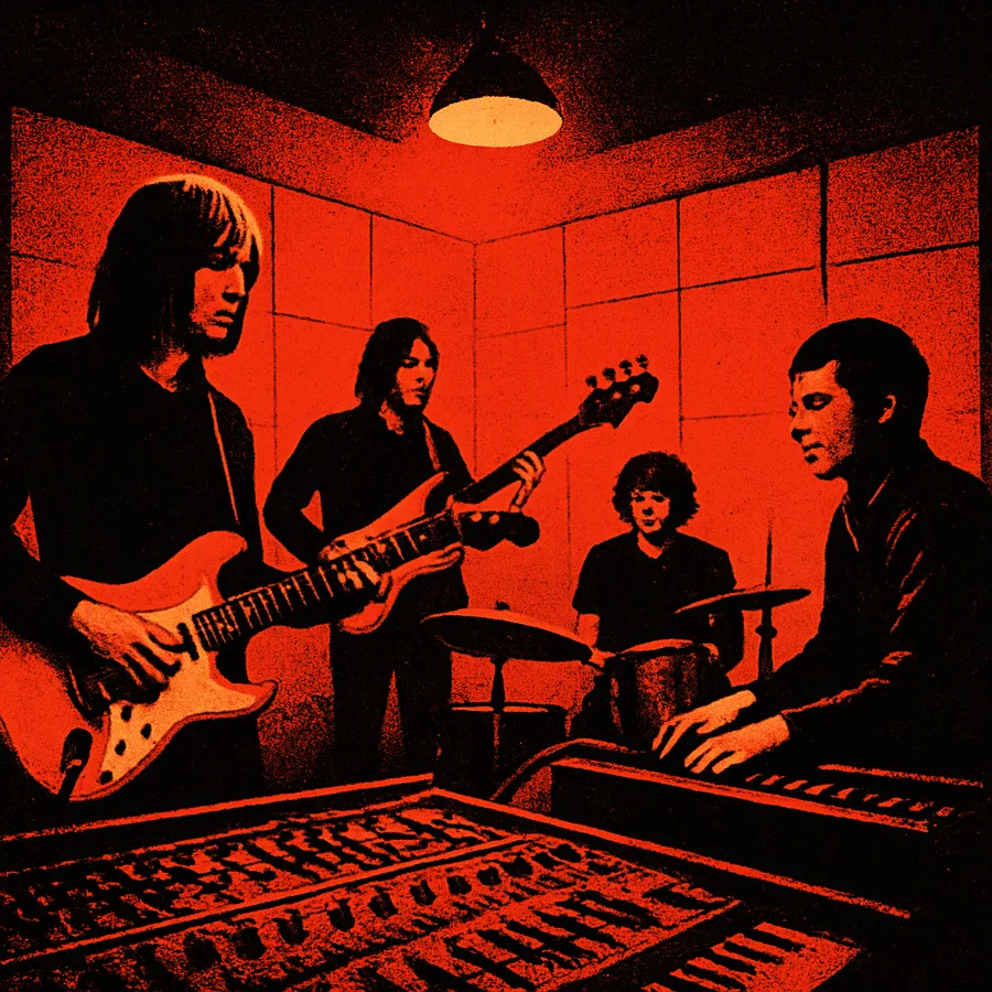 Foto em preto e branco do Nazz em um estúdio de gravação, com Todd Rundgren na guitarra, Carson Van Osten no baixo, Thom Mooney na bateria e Stewkey em um órgão.