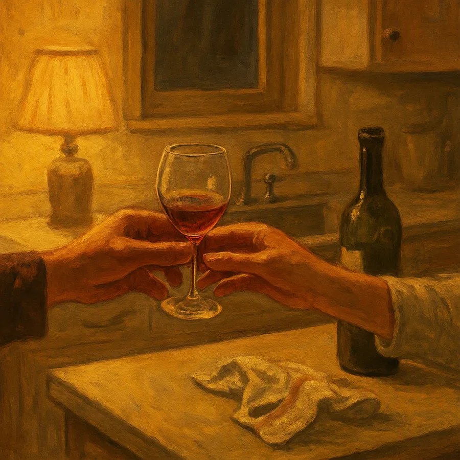 Two people passing a stemmed wine glass between them at a kitchen sink in evening light