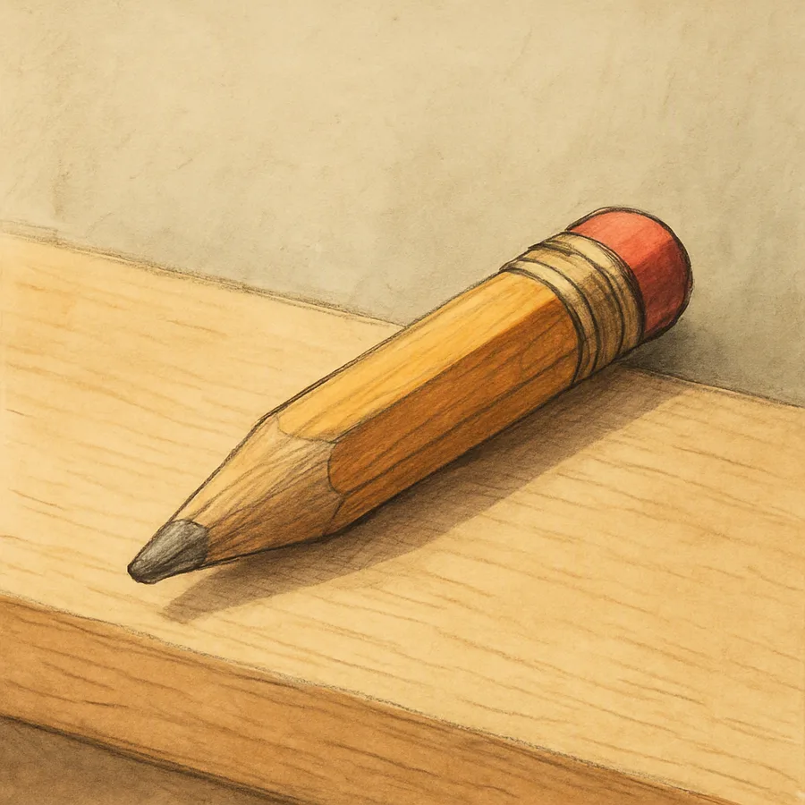 A short worn wooden pencil with a faint pencil mark near its eraser, resting on a shelf.