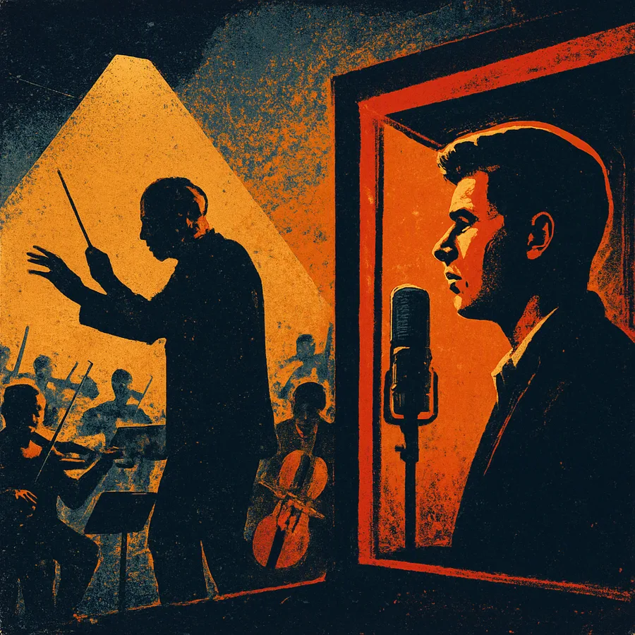 Orchestra und Scott Walker in einem Aufnahmestudio der 1960er-Jahre