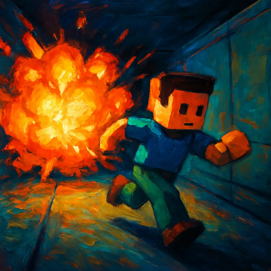 Simple low-poly 1990s PlayStation-style top-down scene with a character and blocky bright explosions