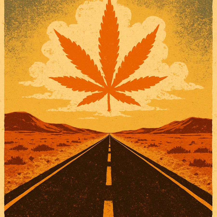 A desert road under a hazy sky with a cannabis leaf-shaped cloud.