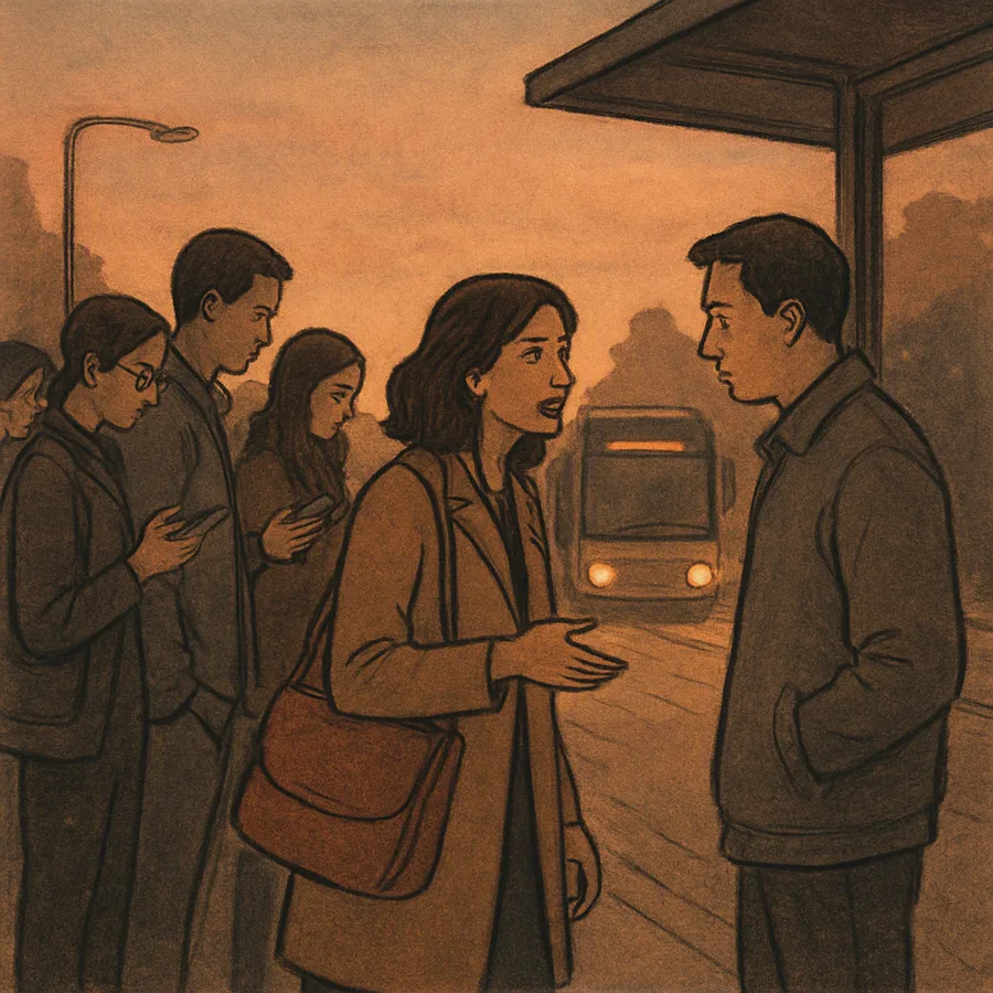 At a dusk bus stop, one woman confronts a man in a gray jacket who has moved to the front while other commuters look at their phones.