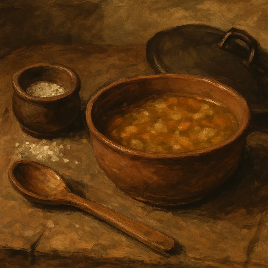 A close-up of a soup bowl, salt cellar with spilled salt, and wooden spoon on a table.