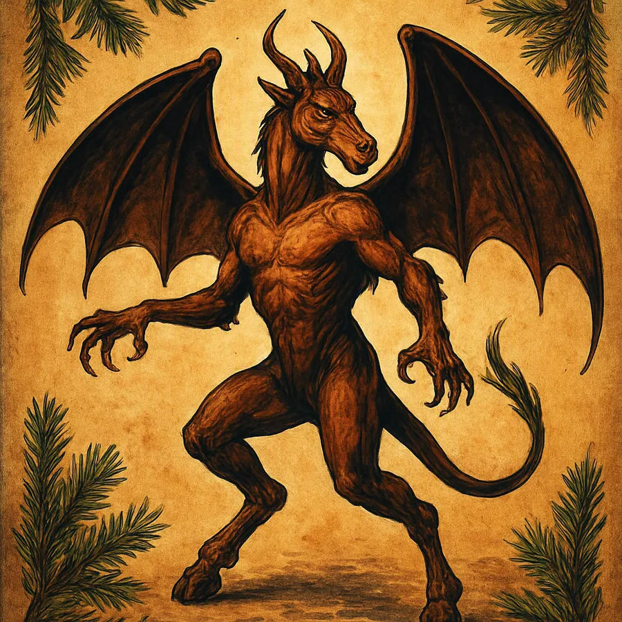 Illustration of the Jersey Devil as a winged, hoofed biped with horns and a forked tail