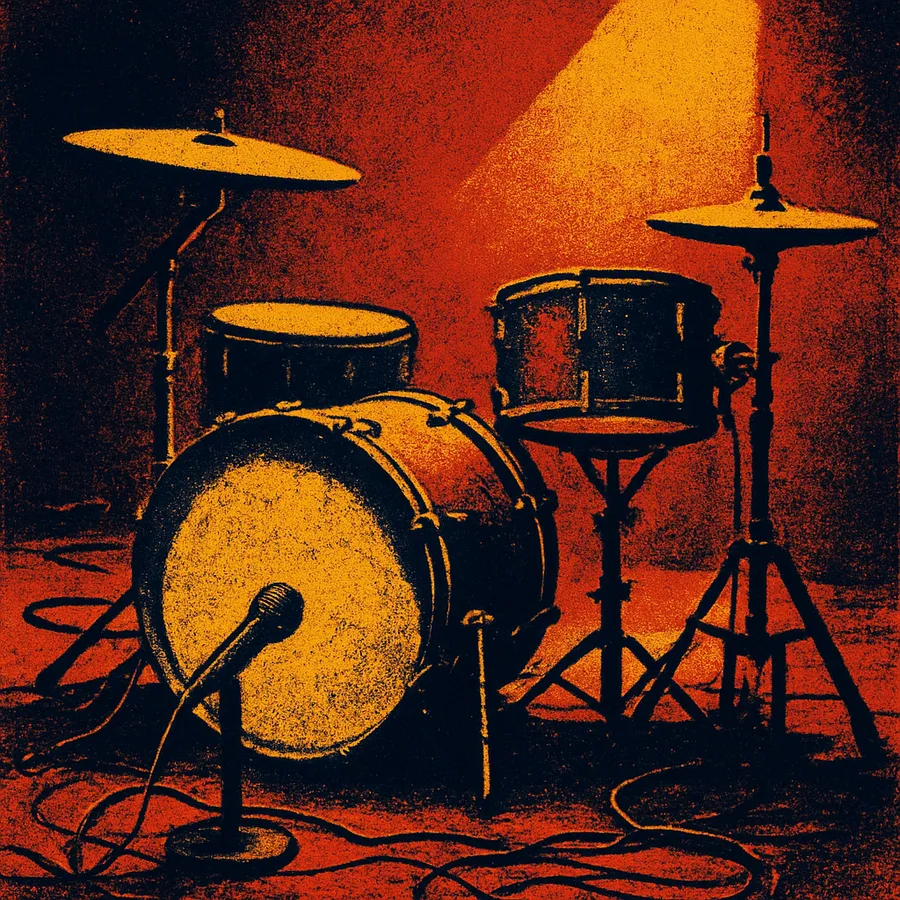 A basic drum kit in a home studio, showing worn drums and cables, 1970s.