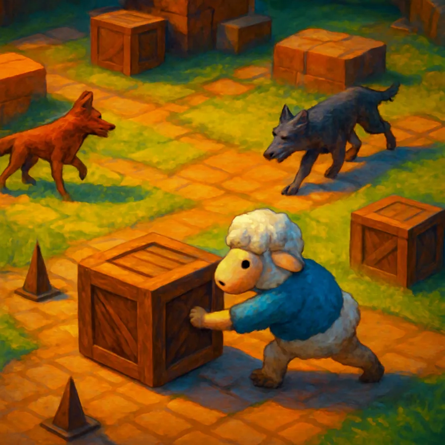 Gameplay screenshot showing the sheep pushing a crate near a patrolling dog and wolf in a puzzle level.