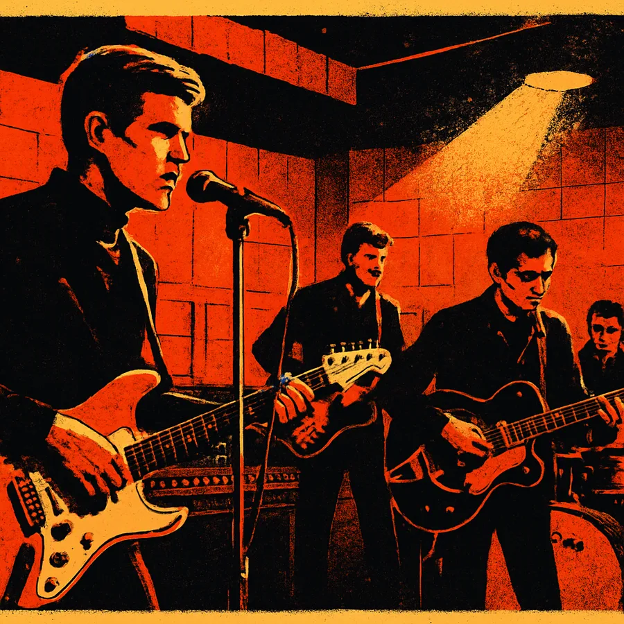 The Bobby Fuller Four in a recording studio, with Bobby Fuller at the microphone and guitar.