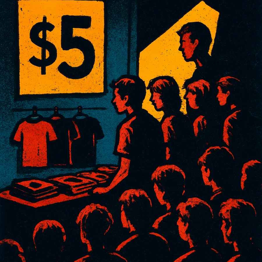 A low-priced all-ages punk show entrance with a line of young people and a simple merch table