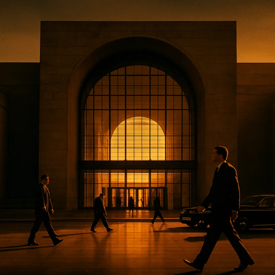 A stone-and-glass building atrium in amber light with figures in 1950s-style suits and vintage cars outside