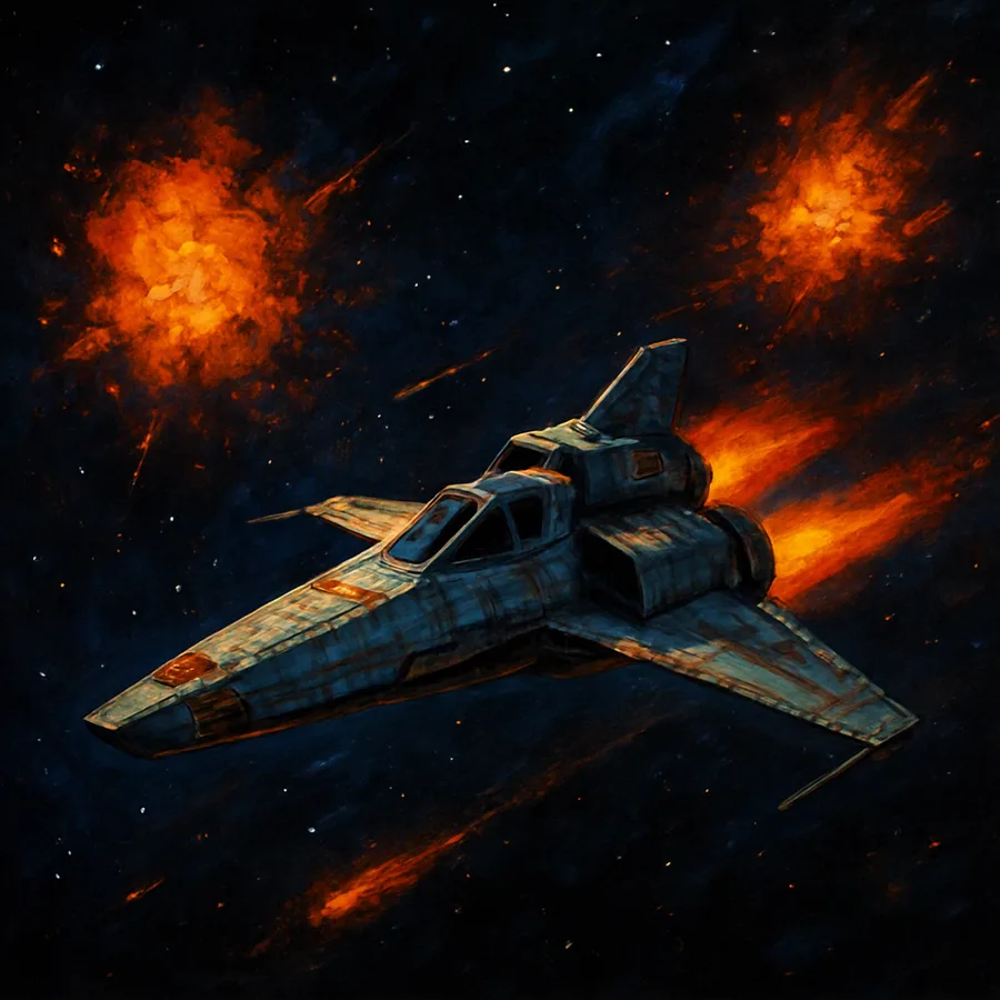 A lone starfighter in space with distant stars and silent explosions.