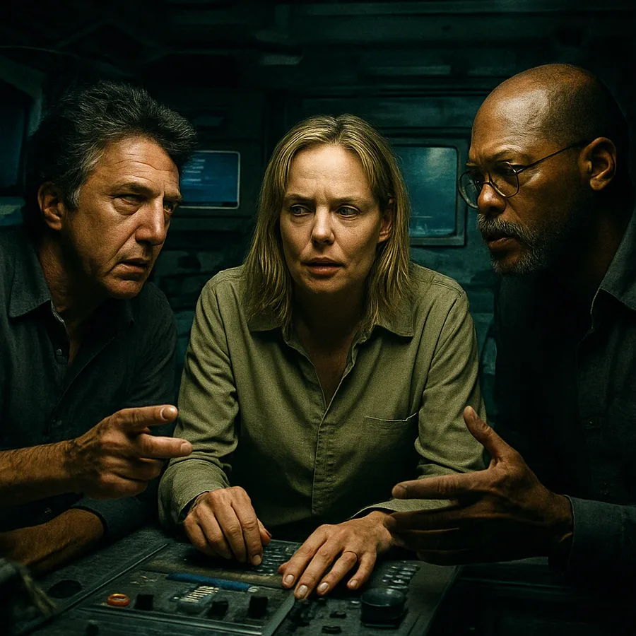 Three scientists in a tense discussion inside an underwater habitat